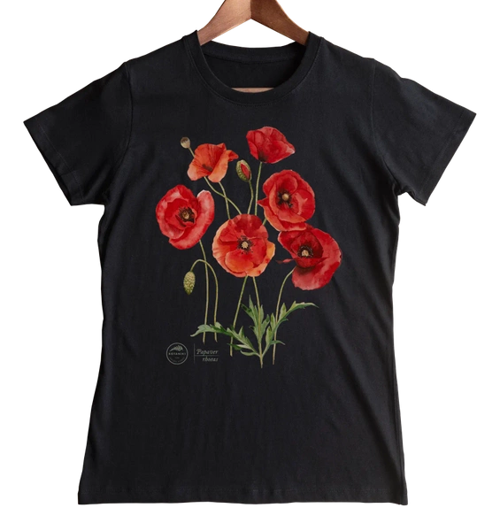 koszulka damska z motywem roślinnym — mak polny