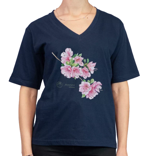 koszulka v-neck z motywem roślinnym — różanecznik tępolistny